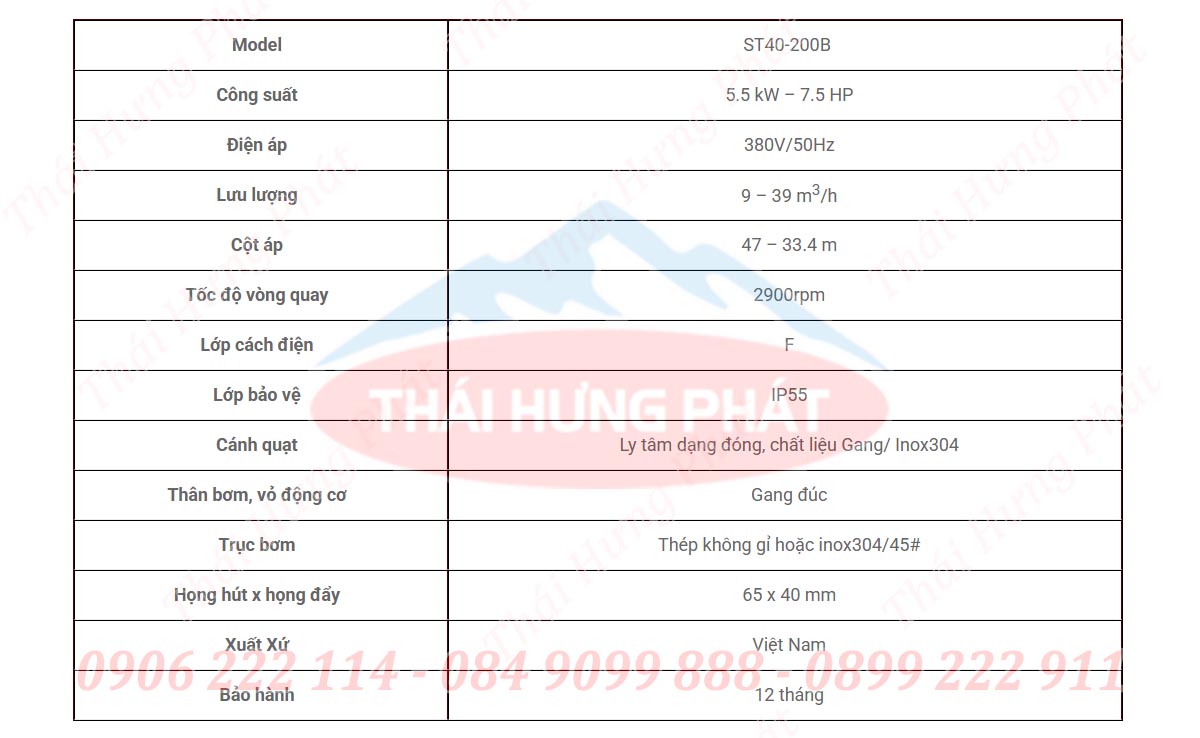 Bảng mô tả chi tiết máy bơm công nghiệp Stella ST40-200B 5.5kW