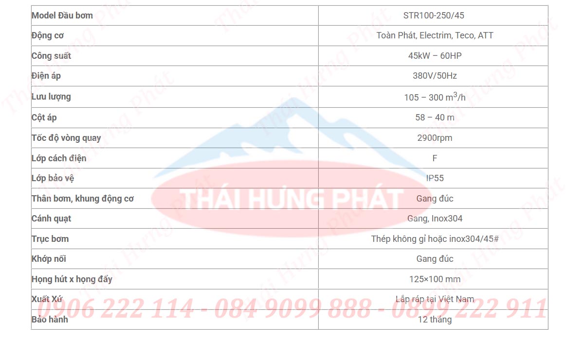 Bảng mô tả chi tiết máy bơm điện trục rời Stella STR100-250/45 45kW