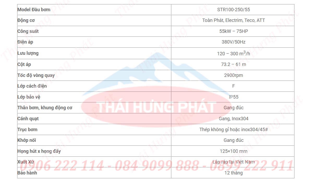 Bảng mô tả chi tiết máy bơm điện trục rời Stella STR100-250/55 55kW