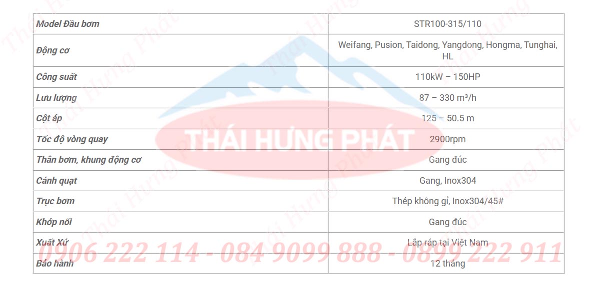 Bảng mô tả chi tiết máy bơm diesel Stella STR100-315/110 110kW