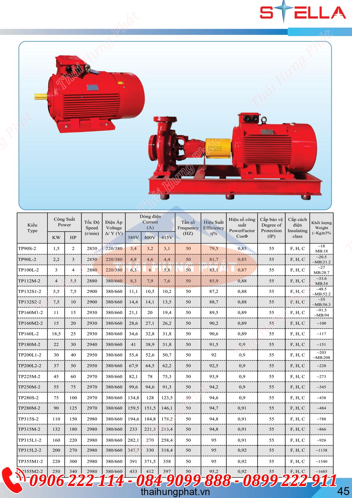 Máy bơm chữa cháy điện Stella trục rời STR100-250/45 45kW