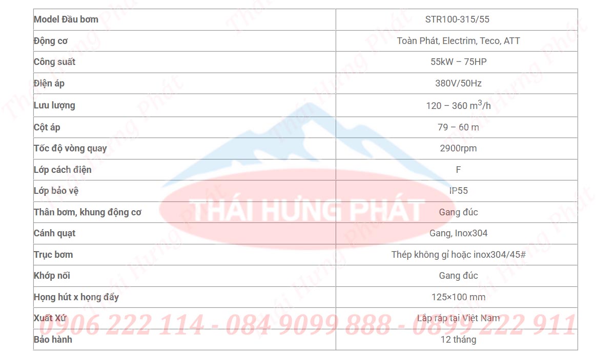 Bảng mô tả chi tiết máy bơm trục rời công nghiệp Stella STR100-315/55 55kW