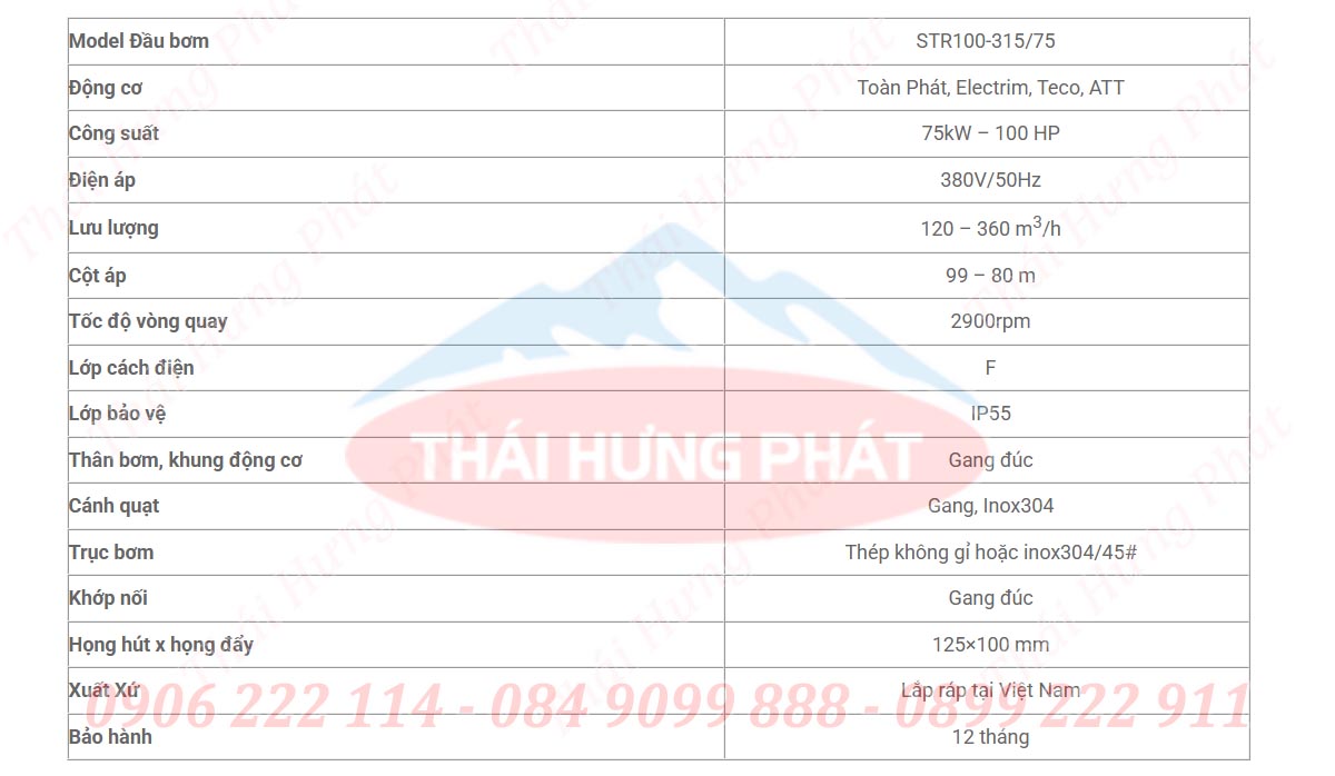 Bảng mô tả chi tiết máy bơm trục rời công nghiệp Stella STR100-315/75 75kW