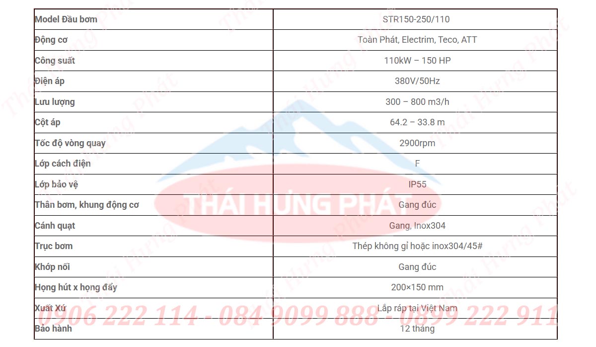 Máy bơm công nghiệp Stella trục rời STR150-250/110 110kW Bảng mô tả chi tiết máy bơm trục rời công nghiệp Stella STR150-250/110 110kW