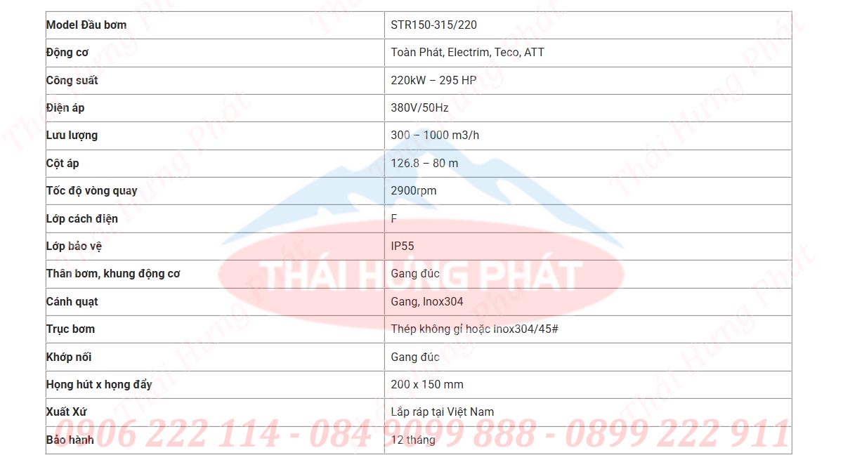 Máy bơm công nghiệp Stella trục rời STR150-315/220 220kW Bảng mô tả chi tiết máy bơm trục rời công nghiệp Stella STR150-315/220 220kW