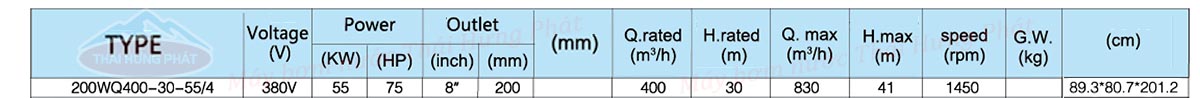 Máy bơm nước thải Stella 200WQ400-30-55/4 55kW