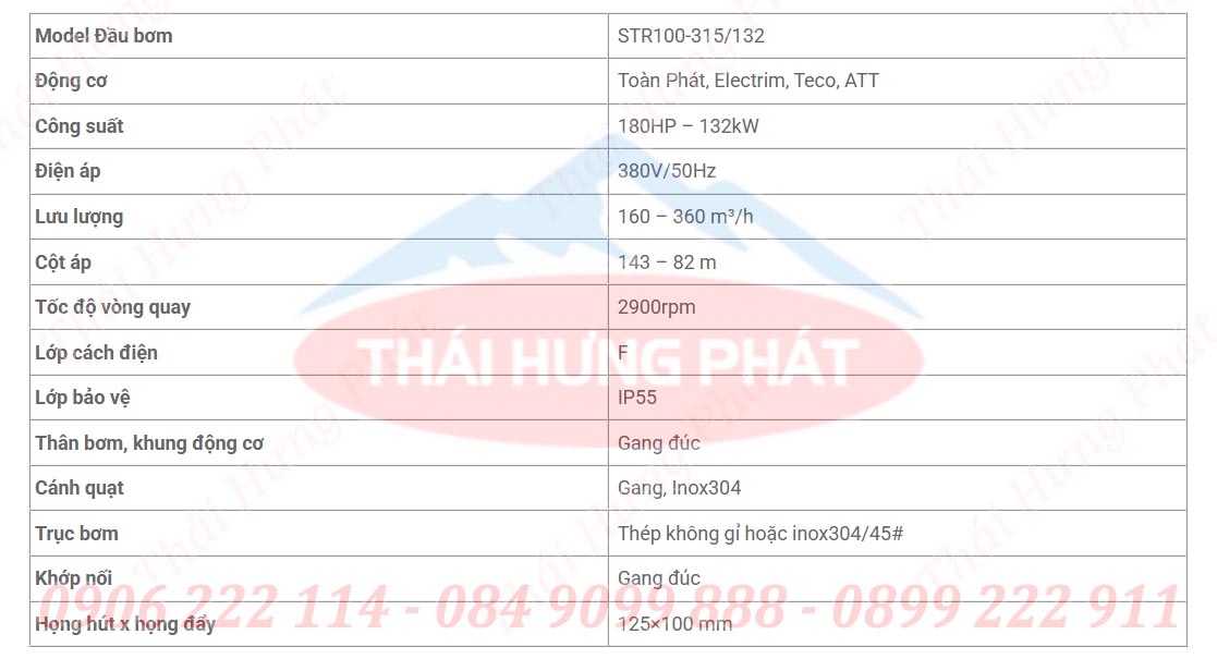Bảng mô tả chi tiết máy bơm điện trục rời Stella STR100-315/132 132kW