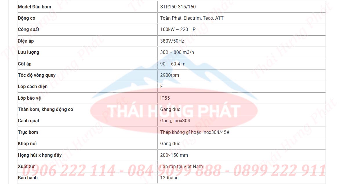 Bảng mô tả chi tiết máy bơm điện trục rời Stella STR150-315/160 160kW